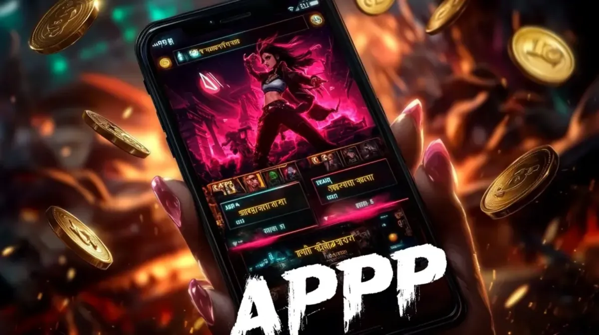Dynamic mobile app screen with action game character, coins flying around and bold casino app branding