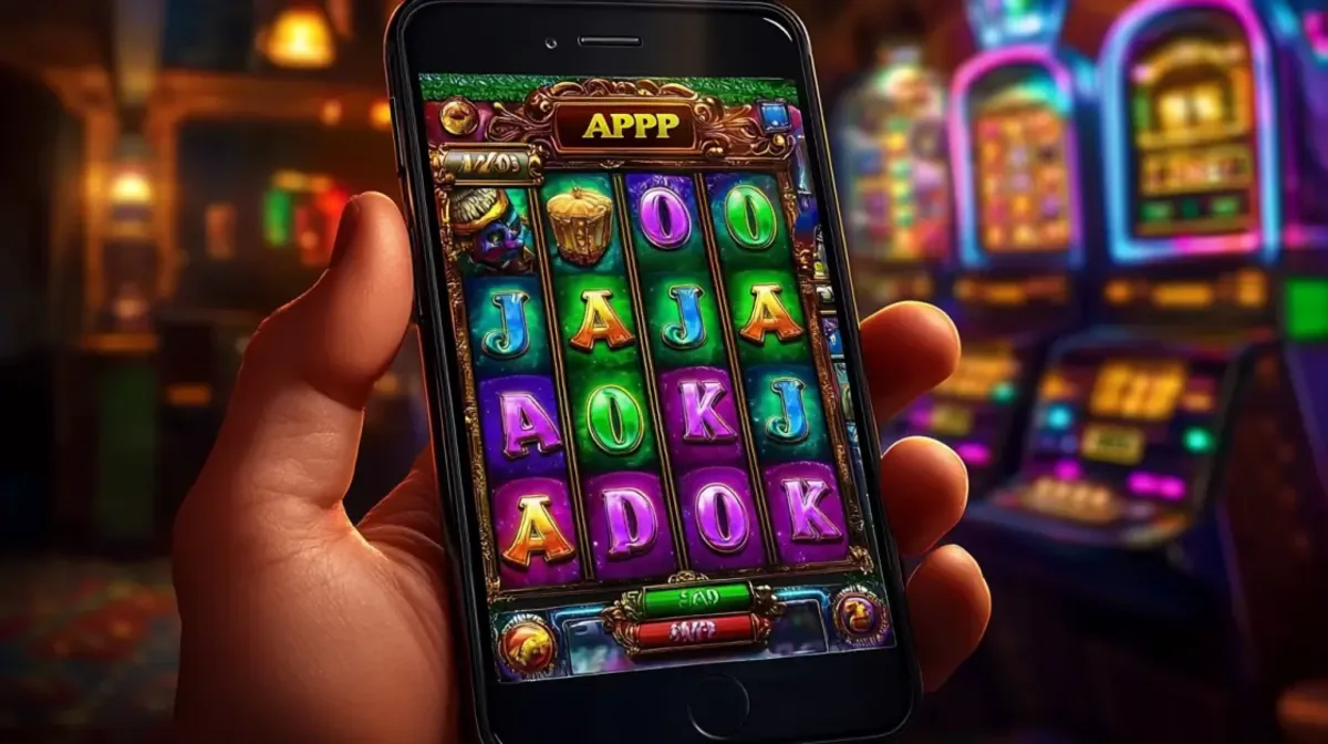 Hand holding smartphone with classic slot reels, symbols and spin button representing smooth mobile casino gameplay