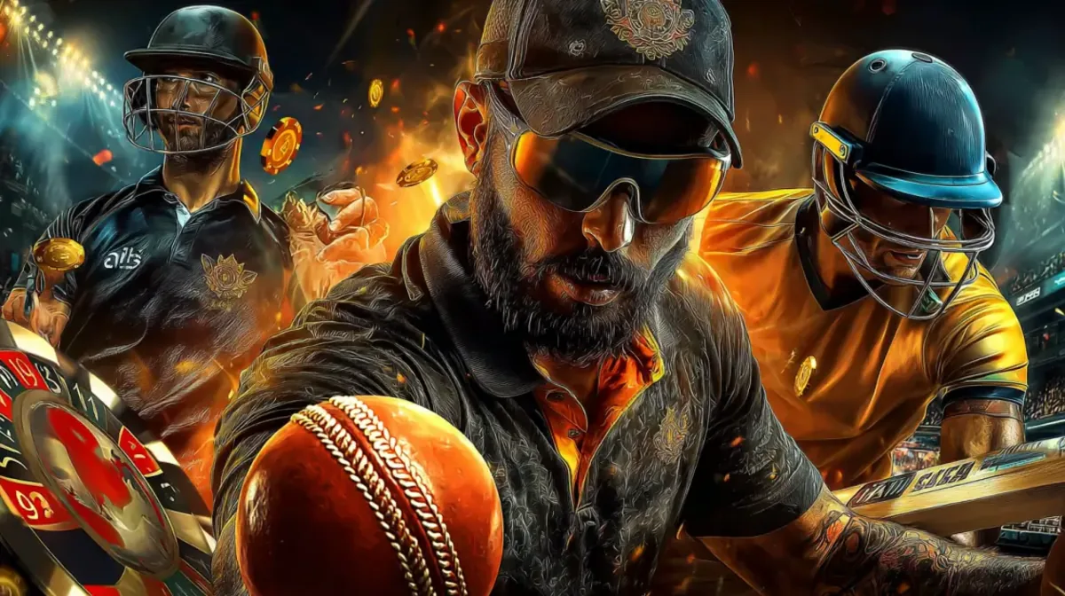Intense cricket betting scene with players in action, flying coins and live odds atmosphere