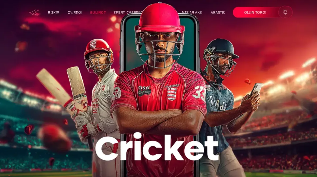 Professional cricket players displayed with a mobile interface promoting online cricket betting and live match wagering