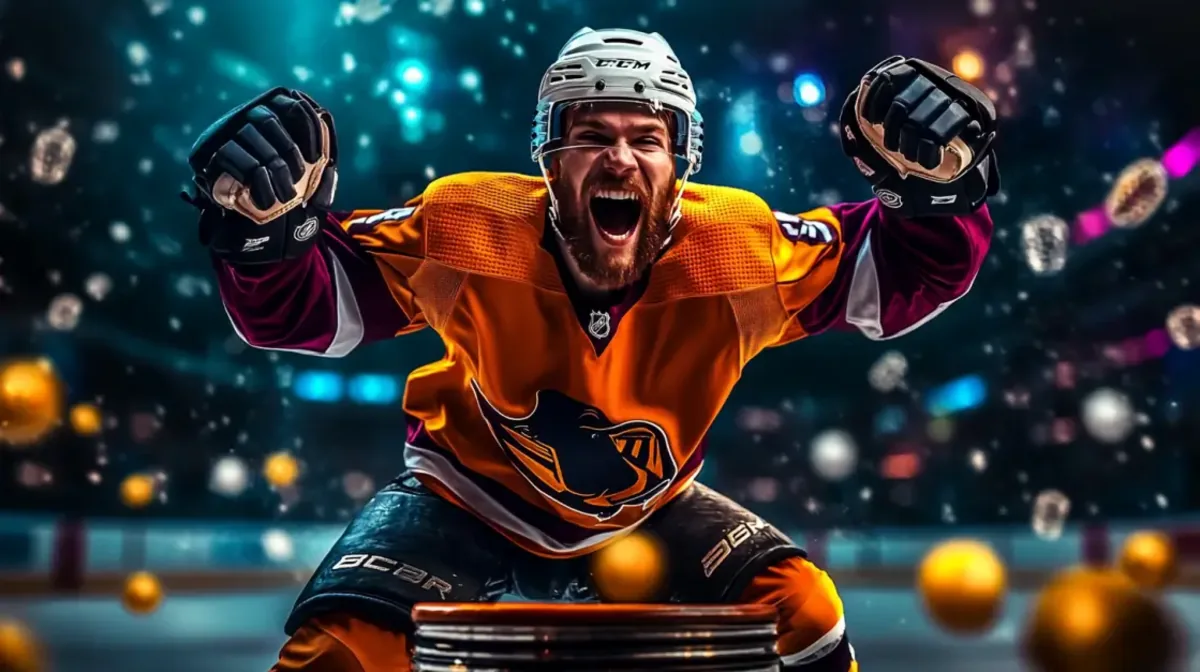 Ice hockey player celebrating victory symbolizing fast payouts and successful sports betting wins