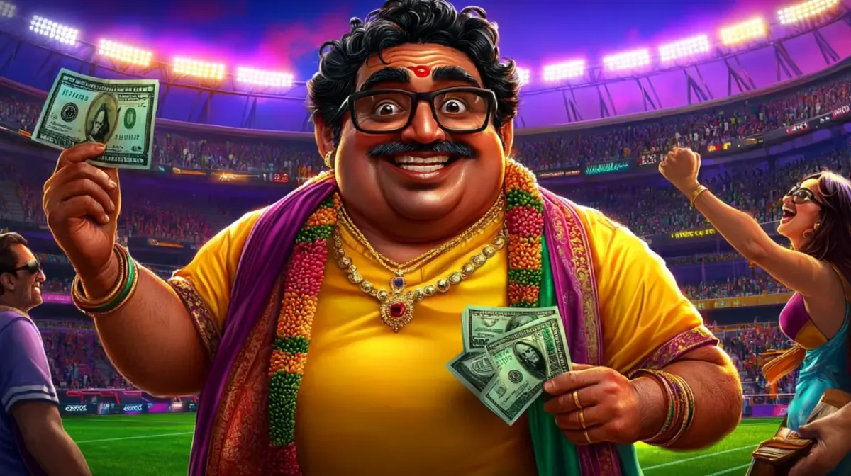 Happy man celebrating winnings with cash in a crowded stadium representing generous casino bonus rewards