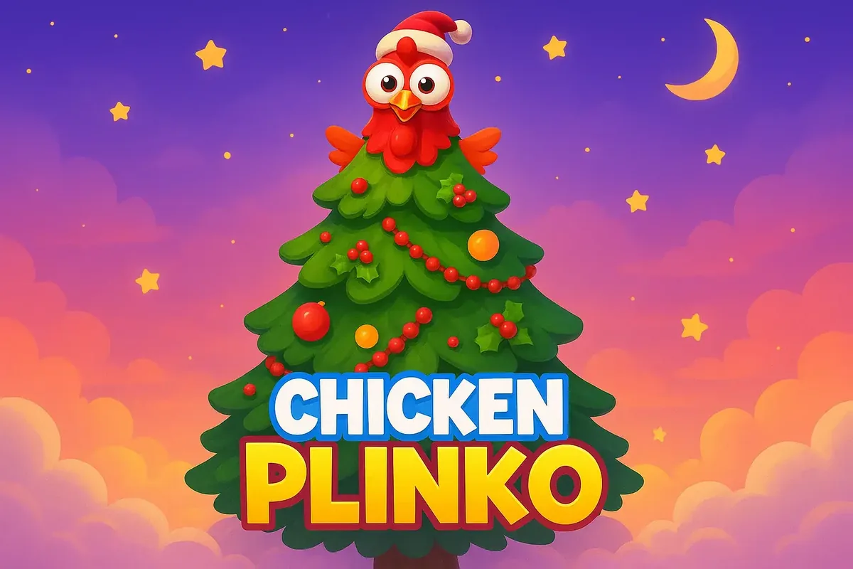 Festive Chicken Plinko game with a cartoon chicken dressed as a Christmas tree, stars and night sky creating a playful casino atmosphere