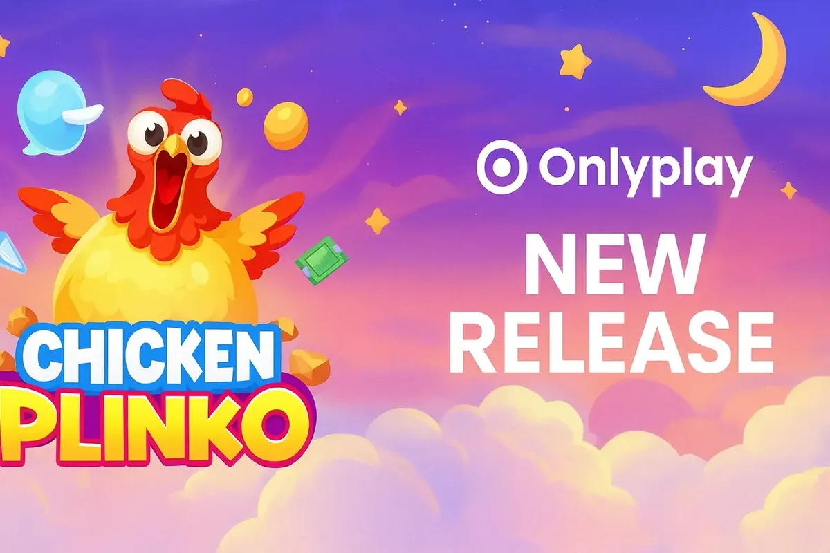 Chicken Plinko new release banner with excited cartoon chicken, flying coins and Onlyplay branding in a bright fantasy sky