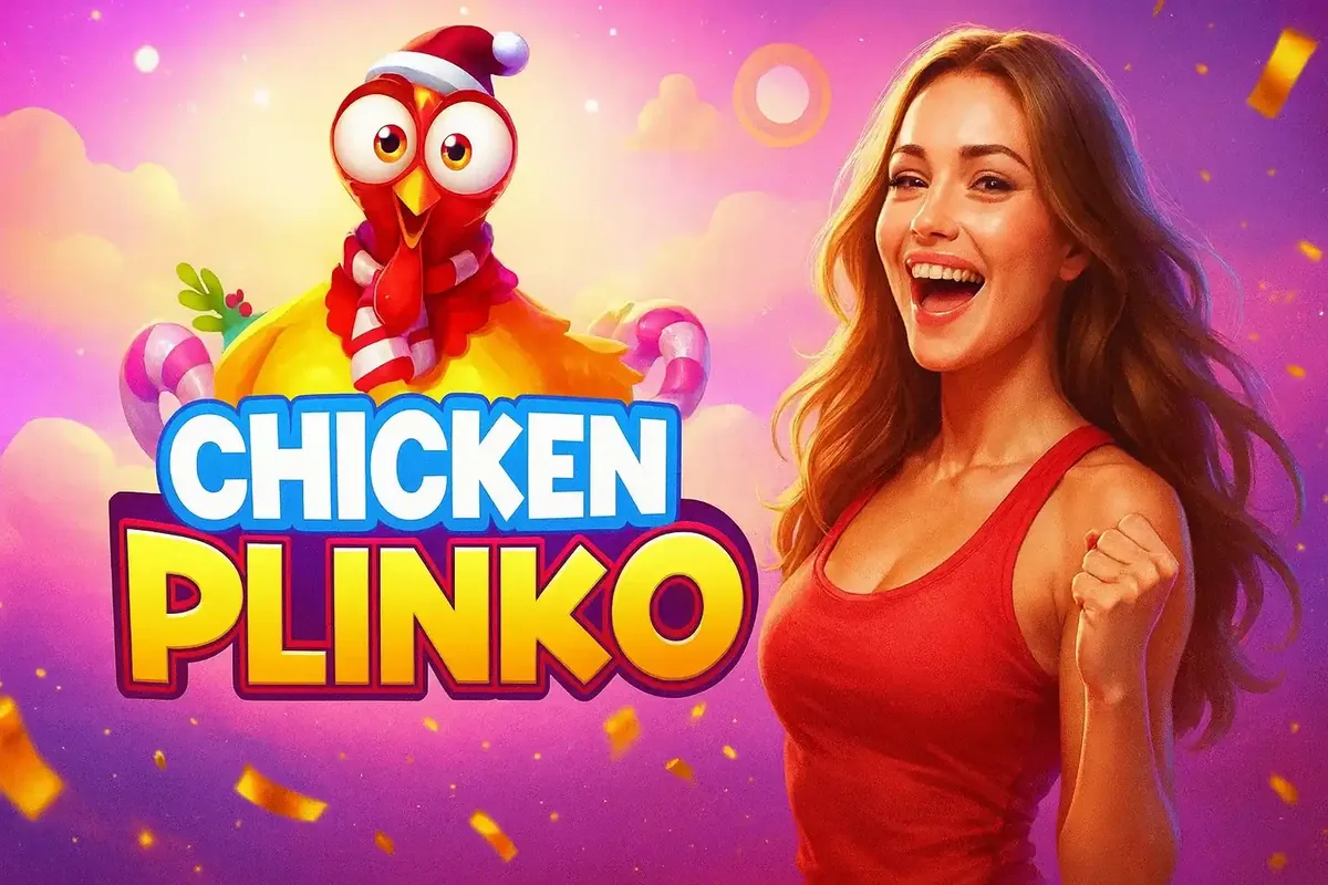 Chicken Plinko game promotion featuring a happy woman celebrating a win next to a cartoon chicken mascot and colorful plinko style rewards