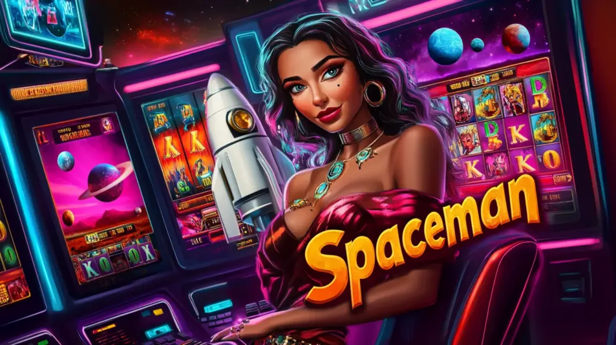 Futuristic Spaceman slot game with a stylish female character, rocket theme and neon casino atmosphere on slot machines
