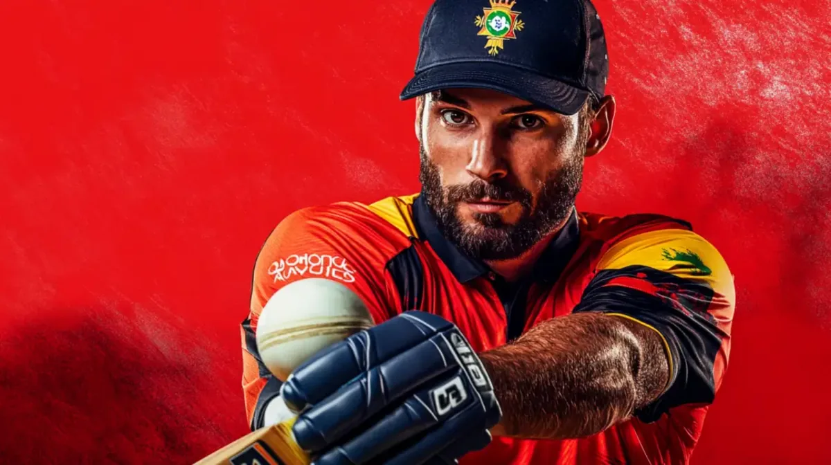 Professional cricket player in action promoting online sports betting and mobile wagering platform with dynamic red background