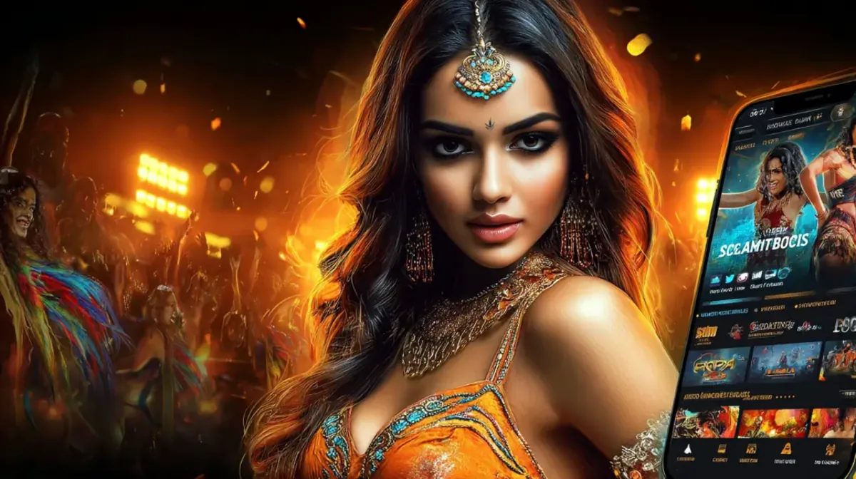 Indian style casino promotion featuring an elegant dancer and a mobile betting app interface with live games and entertainment atmosphere