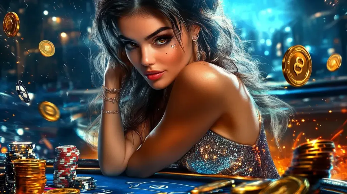 Elegant live casino dealer at poker table with chips and coins creating authentic casino experience
