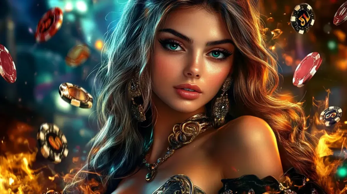 Glamorous live casino atmosphere with stylish woman, flying chips and luxury gaming mood