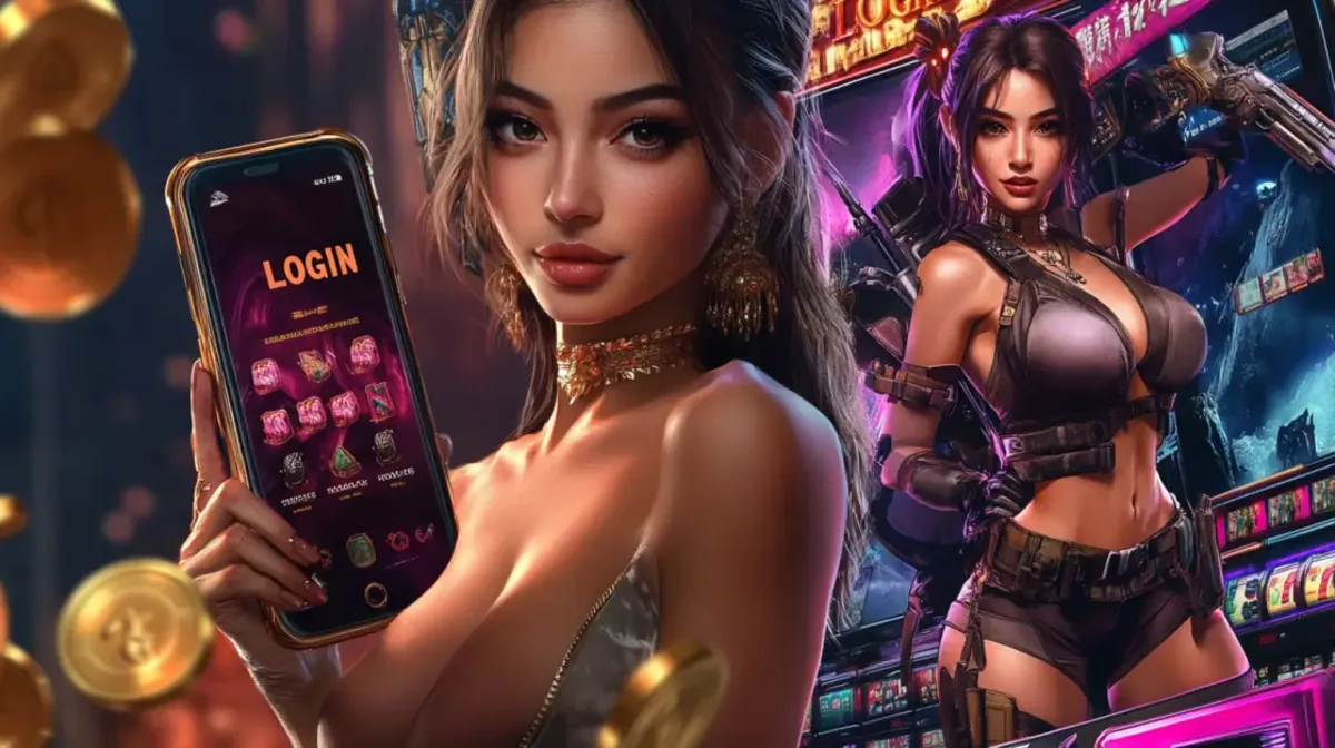 Female gamer presenting mobile app login screen with games and bonuses in a modern neon casino environment
