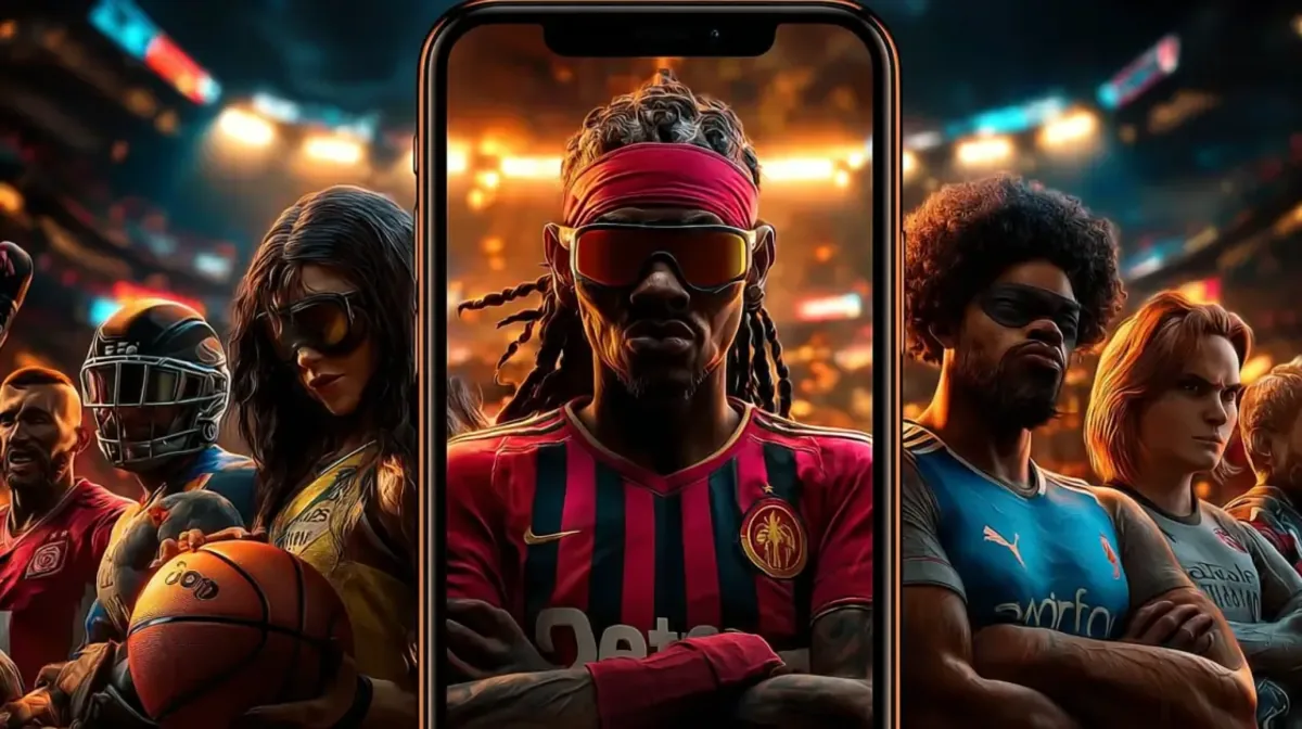 Diverse athletes standing behind a smartphone representing simple registration for sports betting and gaming platform