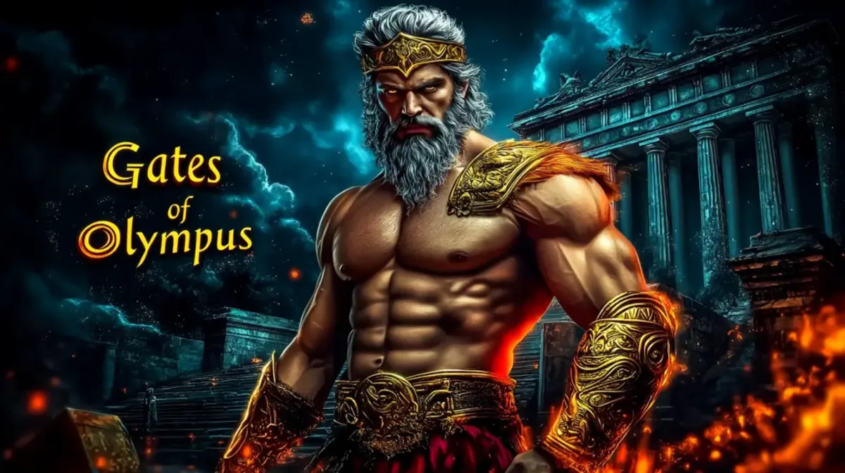 Epic Gates of Olympus slot with Zeus character, ancient Greek temple background and powerful bonus features