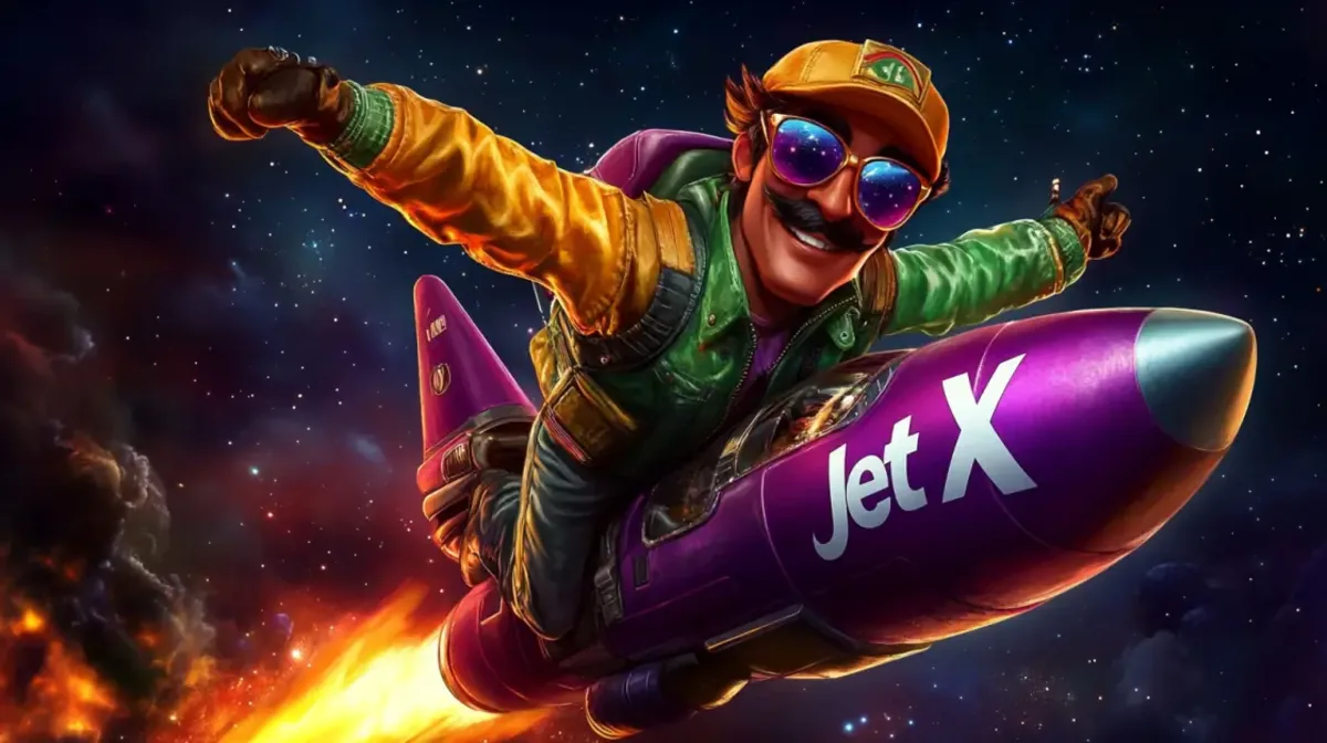 JetX crash game with a cheerful pilot flying a rocket through space symbolizing fast paced multiplier betting
